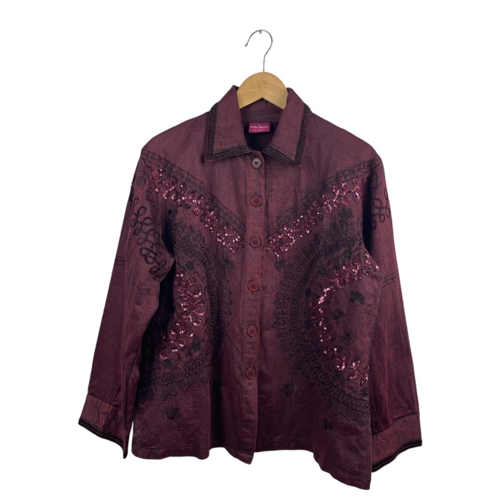 Asha Marie Western Sequin Embroidered Button-Down Shirt Women’s Size M - Picture 3 of 14